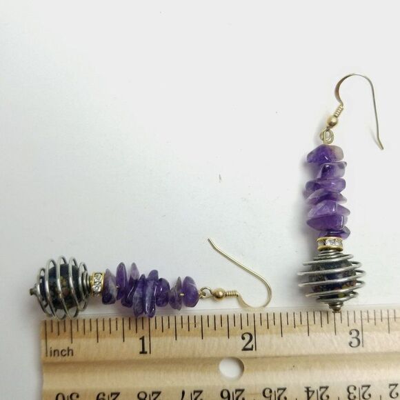 Vintage Purple Beaded Dangle Drop Earrings, Fun Spiral, Polished Stone, Estate - Picture 3 of 5
